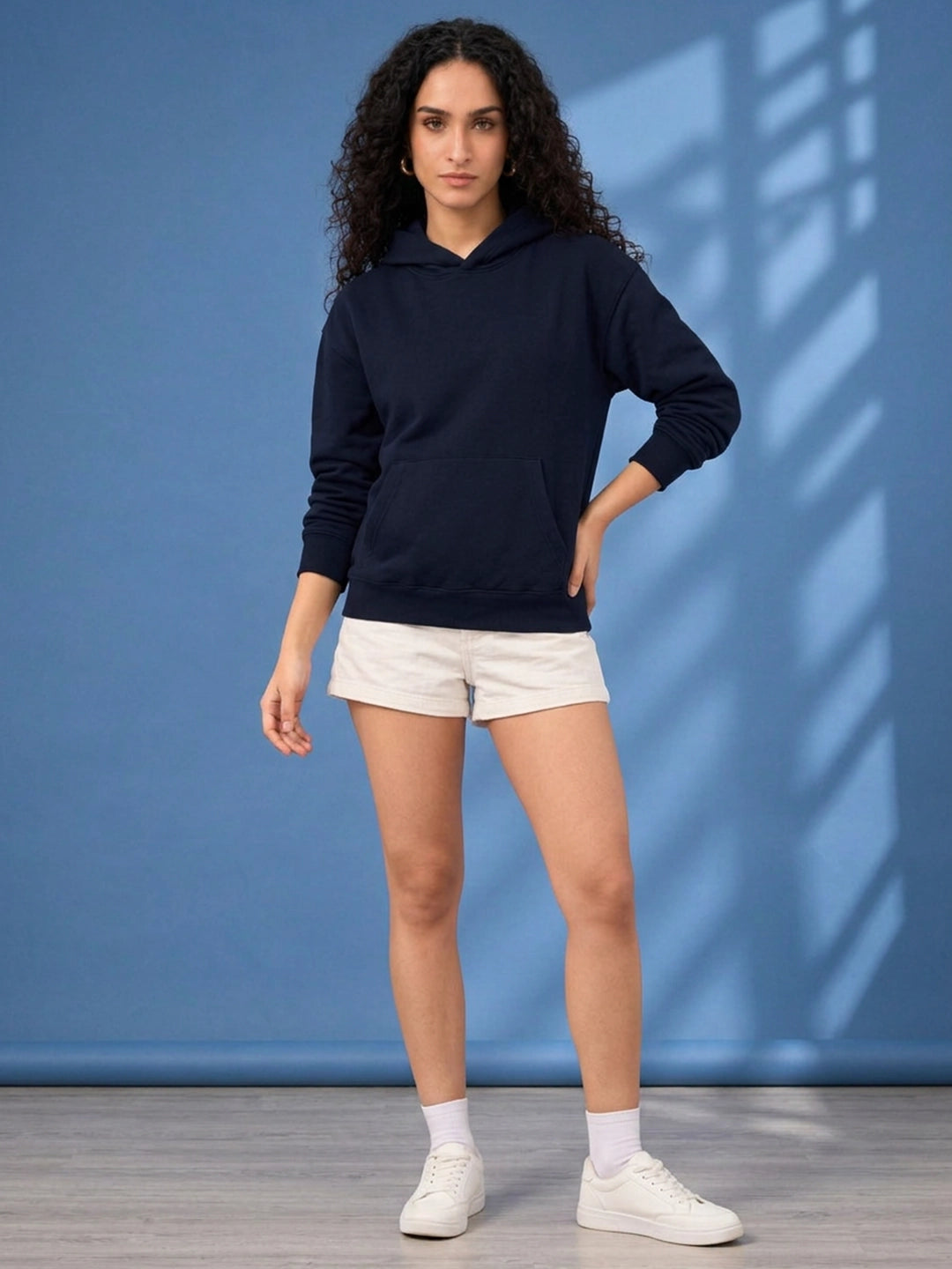 Leotude Women's Navy Blue Solid Hooded Sweatshirt