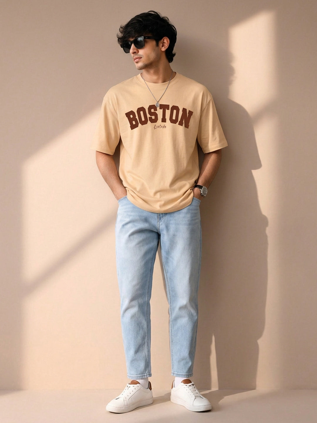 Leotude Men's "Boston" Printed Oversized T-Shirt — Beige Streetwear Tee