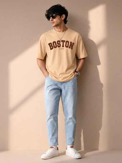 Leotude Men's "Boston" Printed Oversized T-Shirt — Beige Streetwear Tee