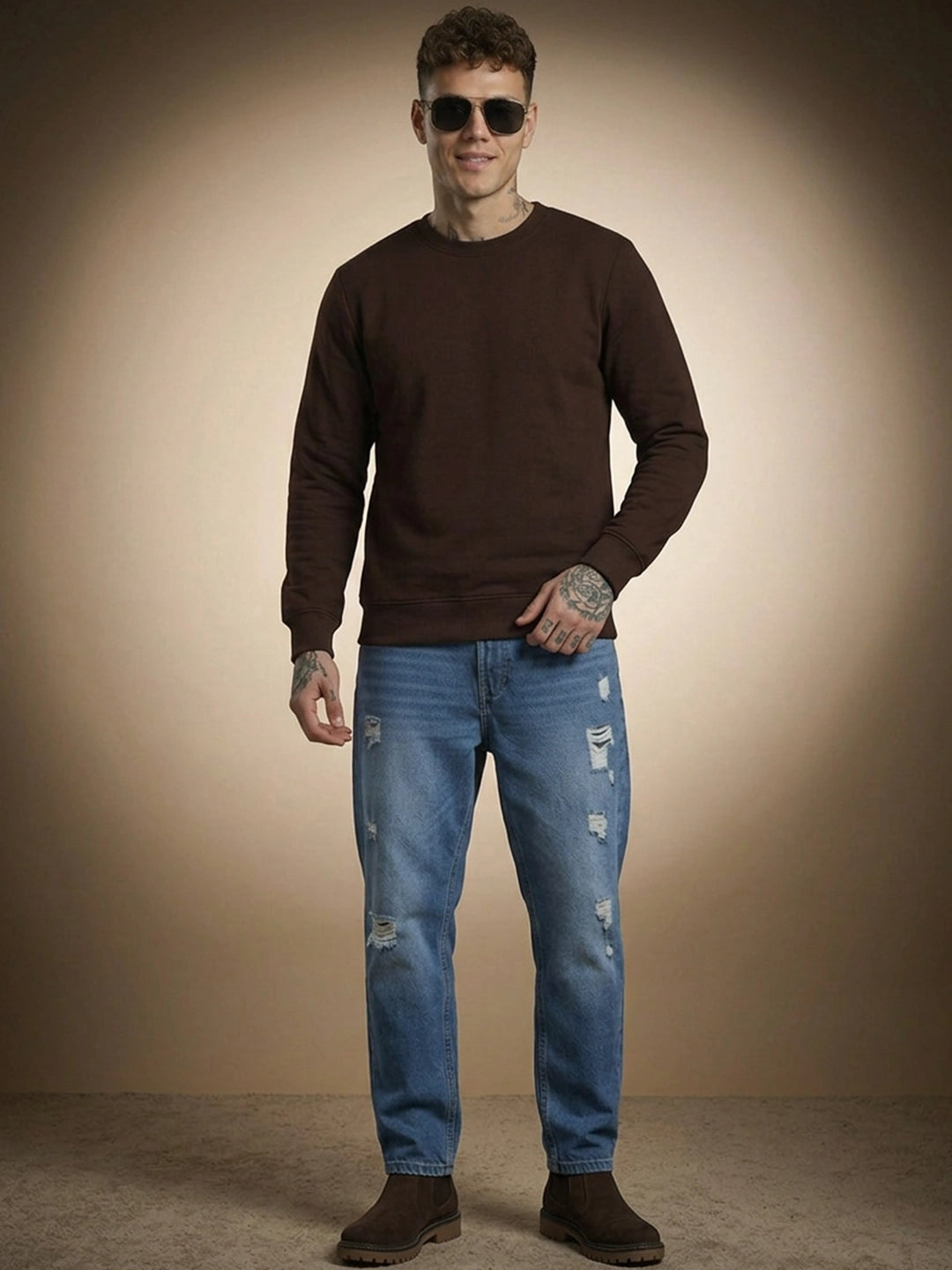 Men's Plain Brown Crew Neck Sweatshirt