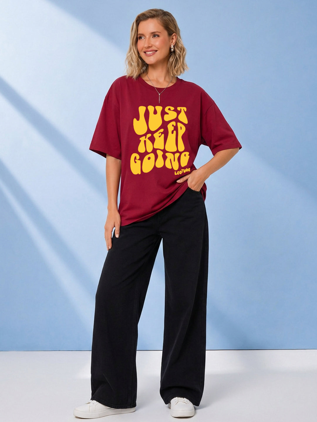Leotude Maroon Going Printed Oversized Tshirt for Women