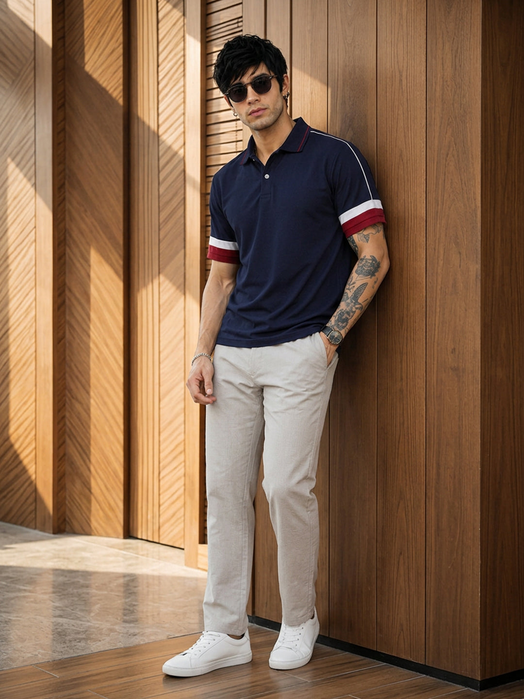Leotude Men's Navy Blue Contrast Piping Polo T-Shirt