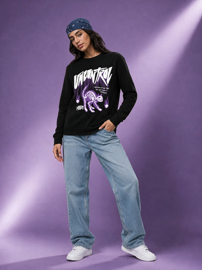 Leotude Women's Black UNCONTROL Cat Skeleton Graphic Printed Sweatshirt
