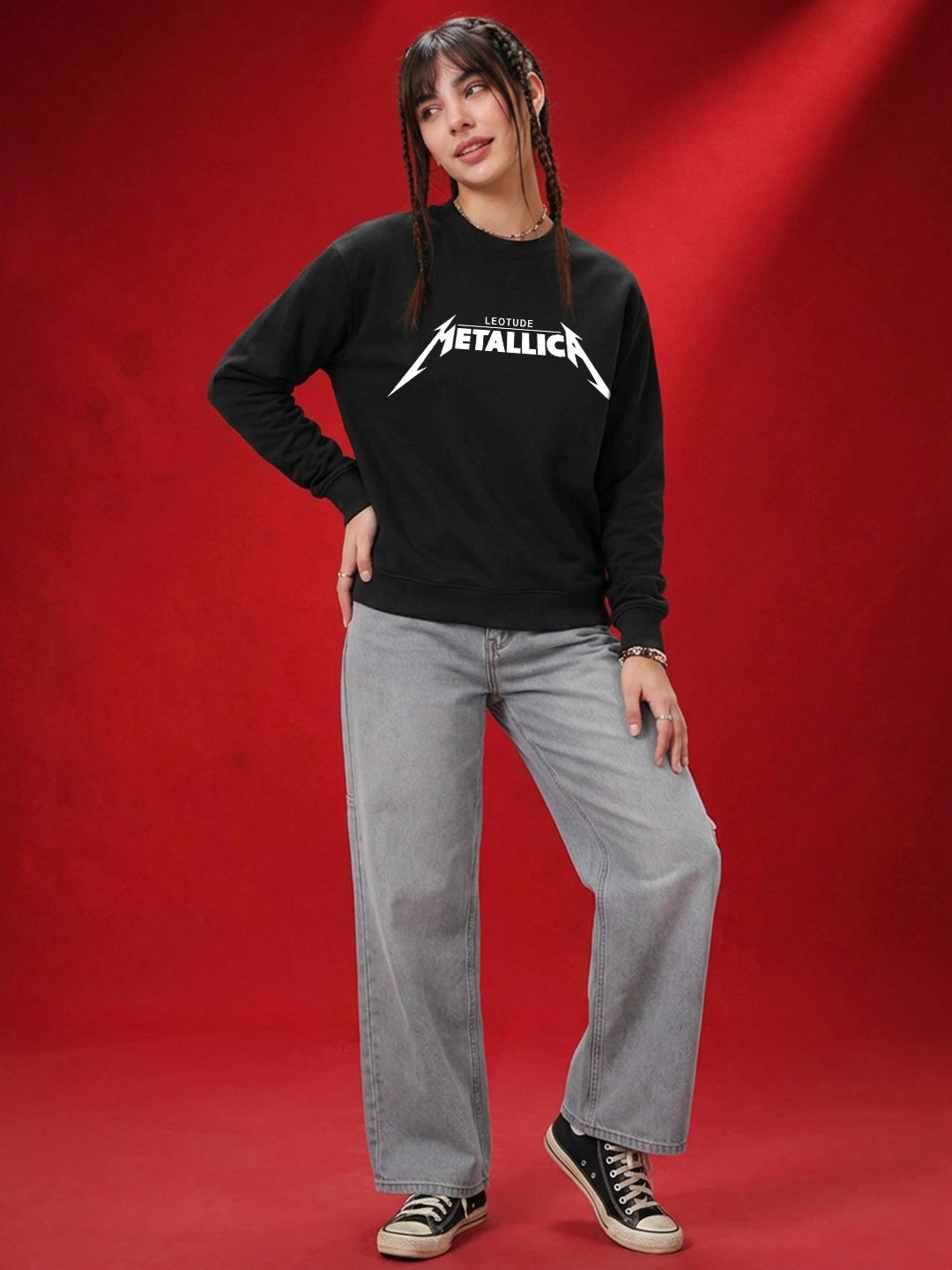 Leotude Women's Black Metallica Graphic Printed Sweatshirt
