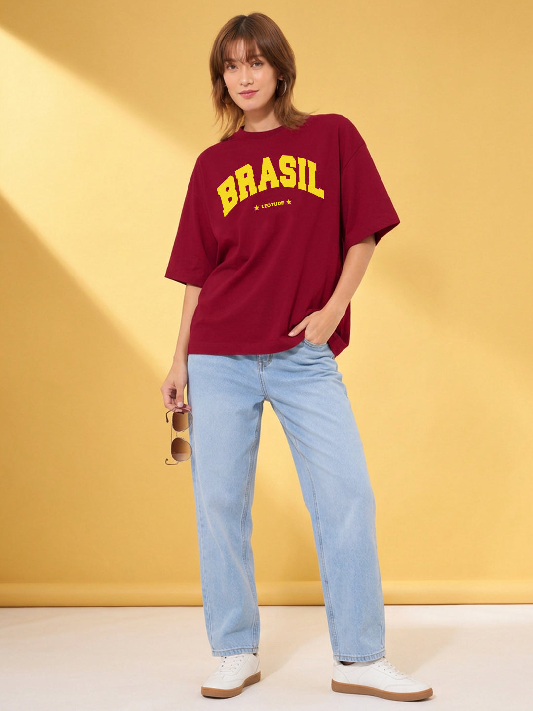 Leotude Maroon Brasil Printed Oversized Tshirt for Women