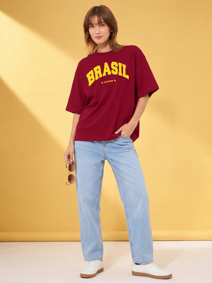 Leotude Maroon Brasil Printed Oversized Tshirt for Women