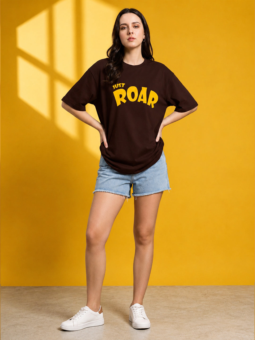 Leotude Brown Just Roar Printed Oversized Tshirt for Women