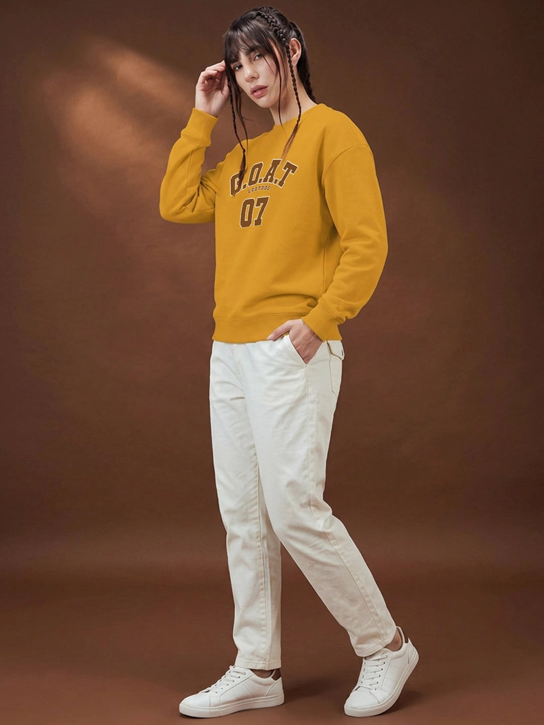 Leotude Women's Mustard Yellow G.O.A.T 07 Graphic Printed Sweatshirt