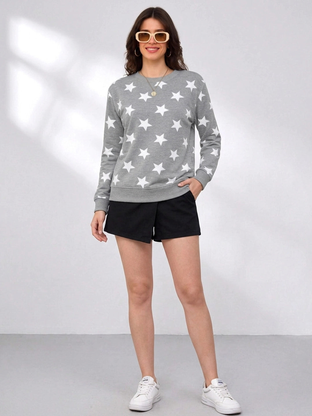 Leotude Women's Grey Melange All-Over Star Printed Sweatshirt
