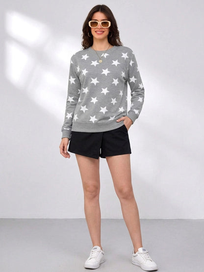 Leotude Women's Grey Melange All-Over Star Printed Sweatshirt