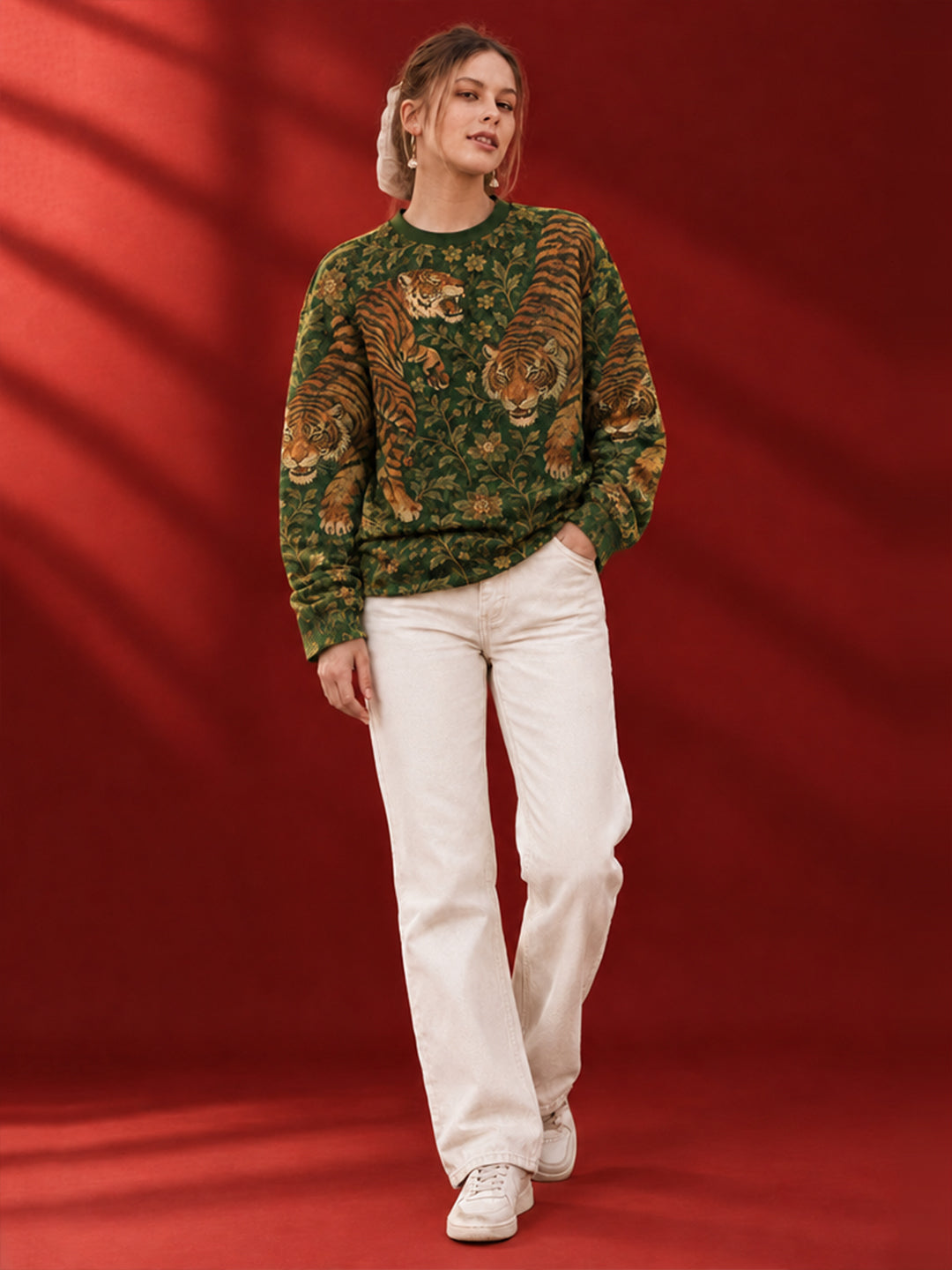 Leotude Women's Green Royal Tiger Print Oversized Full Sleeve T-Shirt