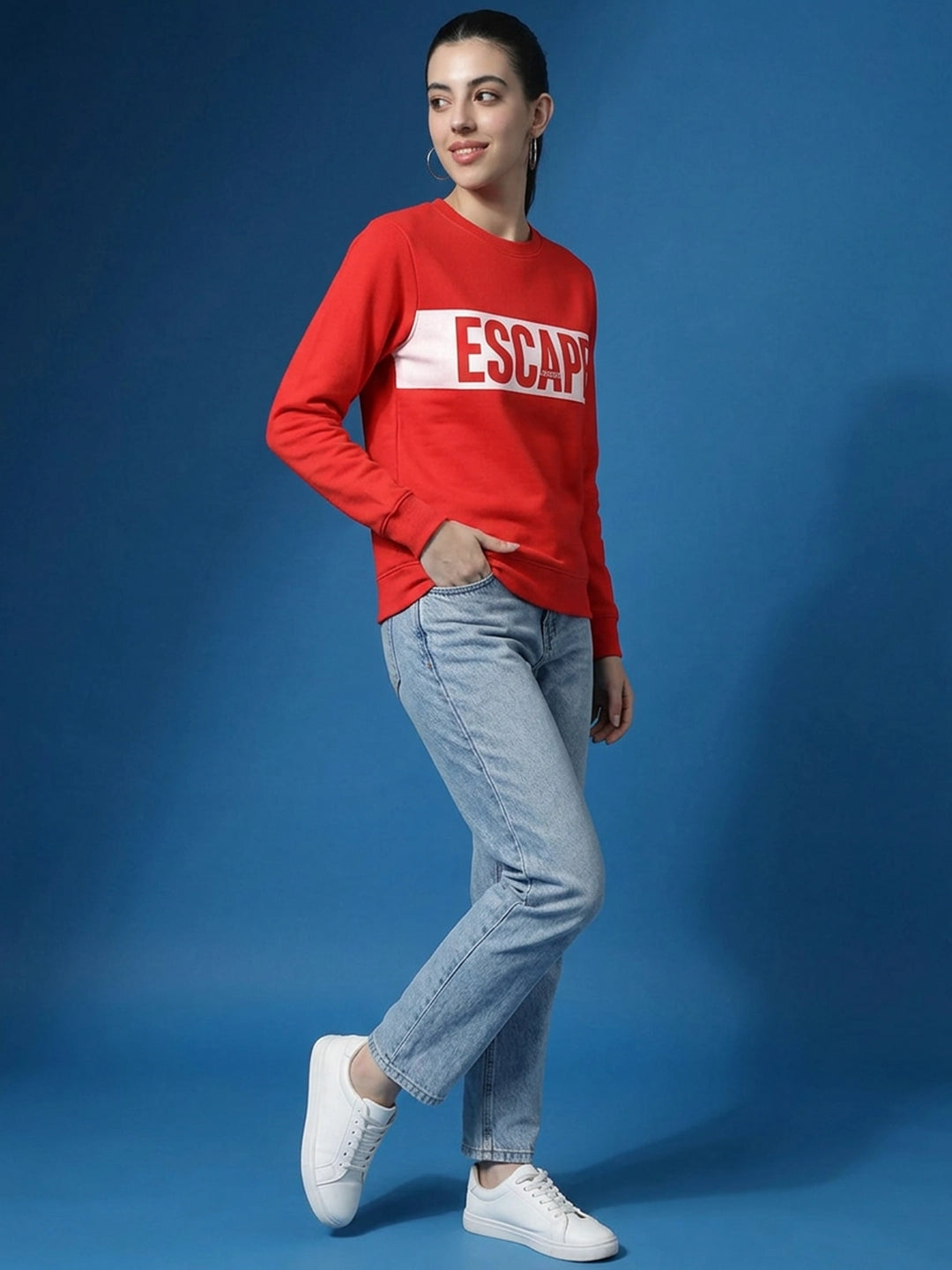 Leotude Women's Red Escape Printed Round Neck Sweatshirt