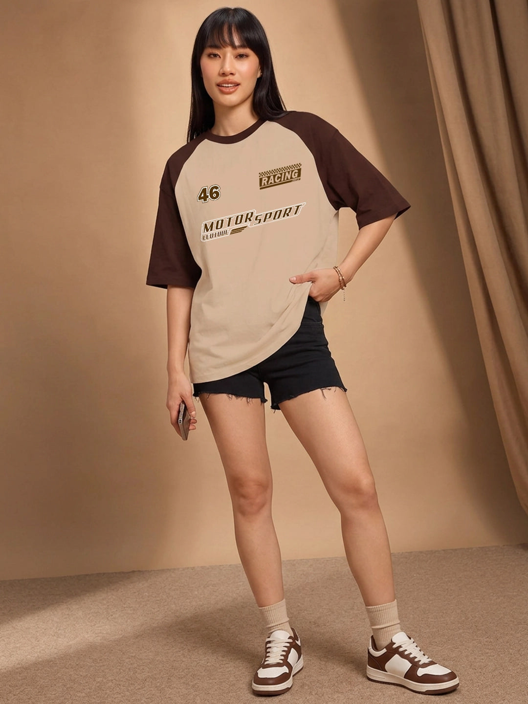 Leotude Women's Beige Motorsport Raglan Oversized T-Shirt
