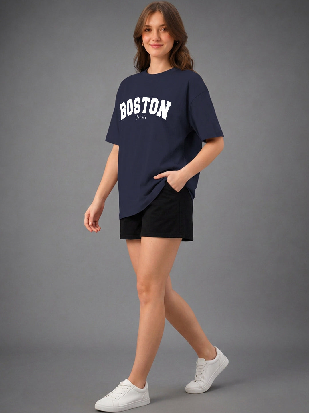 Leotude Navy Boston Printed Oversized Tshirt for Women