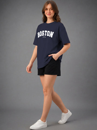 Leotude Navy Boston Printed Oversized Tshirt for Women