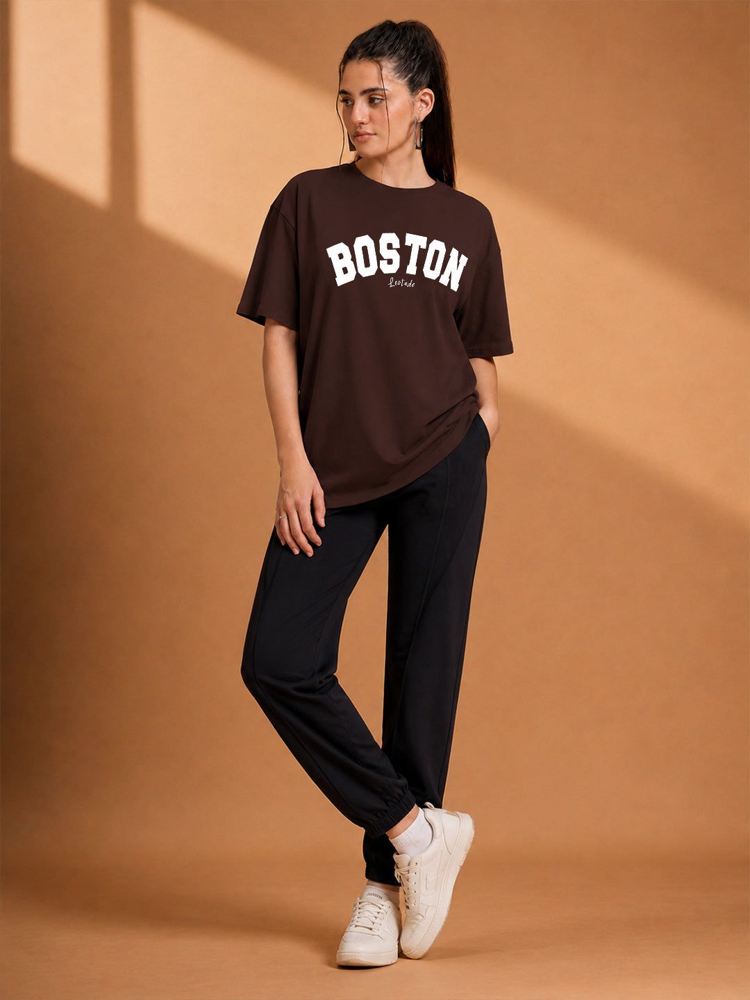 Leotude Brown Boston Printed Oversized Tshirt for Women