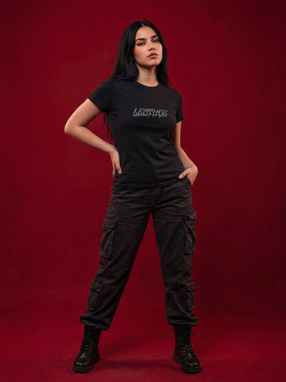 Leotude Women's Black Gothic Wings Printed T-Shirt