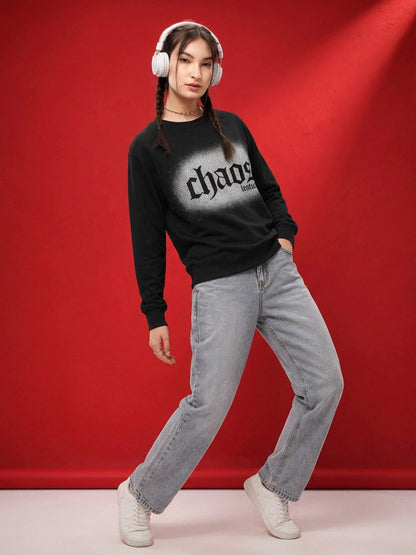 Leotude Women's Black CHAOS Printed Sweatshirt