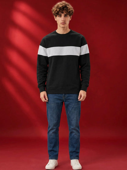 Leotude Men's Black & Grey Melange Colourblocked Sweatshirt