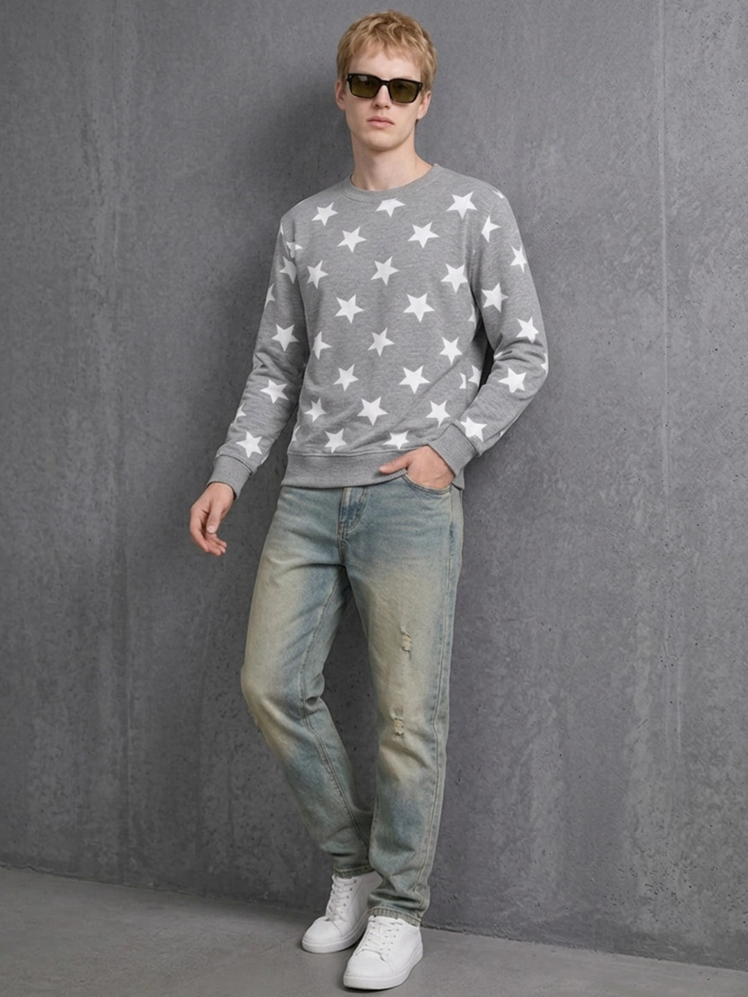 Leotude Men's Grey Melange All-Over Star Printed Sweatshirt