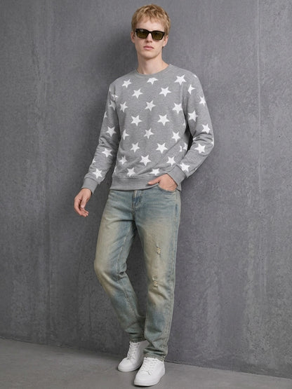 Leotude Men's Grey Melange All-Over Star Printed Sweatshirt