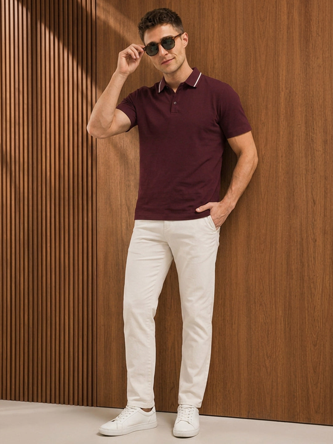 Leotude Men's Maroon Tipped Collar Polo T-Shirt
