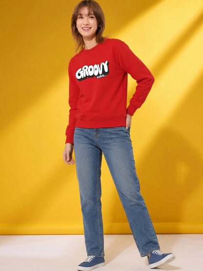 Leotude Women's Red Groovy Printed Round Neck Sweatshirt