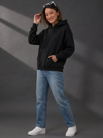 Leotude Women's Black Solid Hooded Sweatshirt
