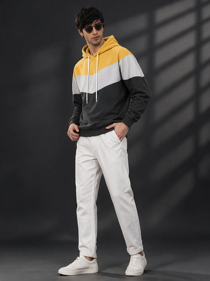 Leotude Yellow Grey and Anthracite Colorblock Hooded Sweatshirt for Men