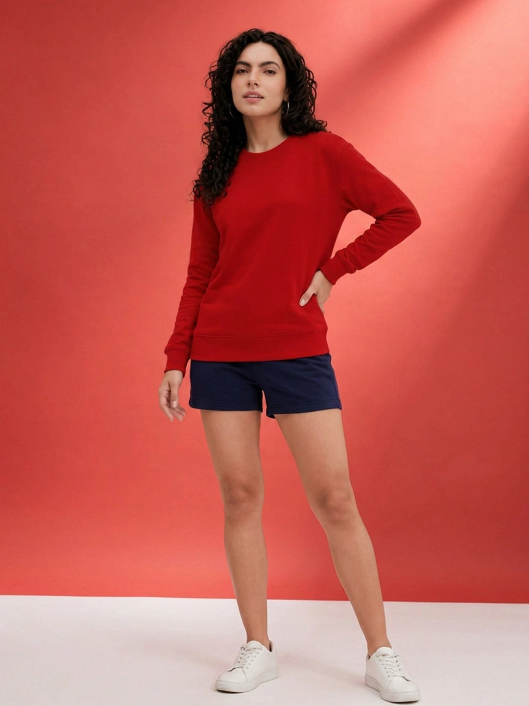 Leotude Women's Solid Red Round Neck Sweatshirt