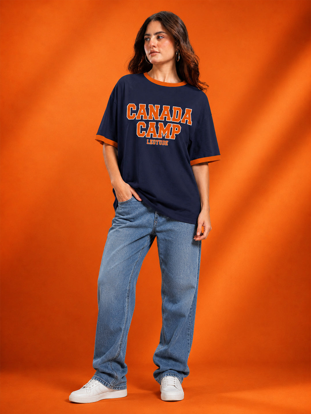 Leotude Navy Canada Camp Printed Oversized Tshirt for Women