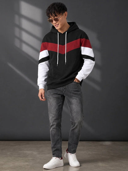 Leotude Black Maroon and White Colorblock Hooded Sweatshirt for Men