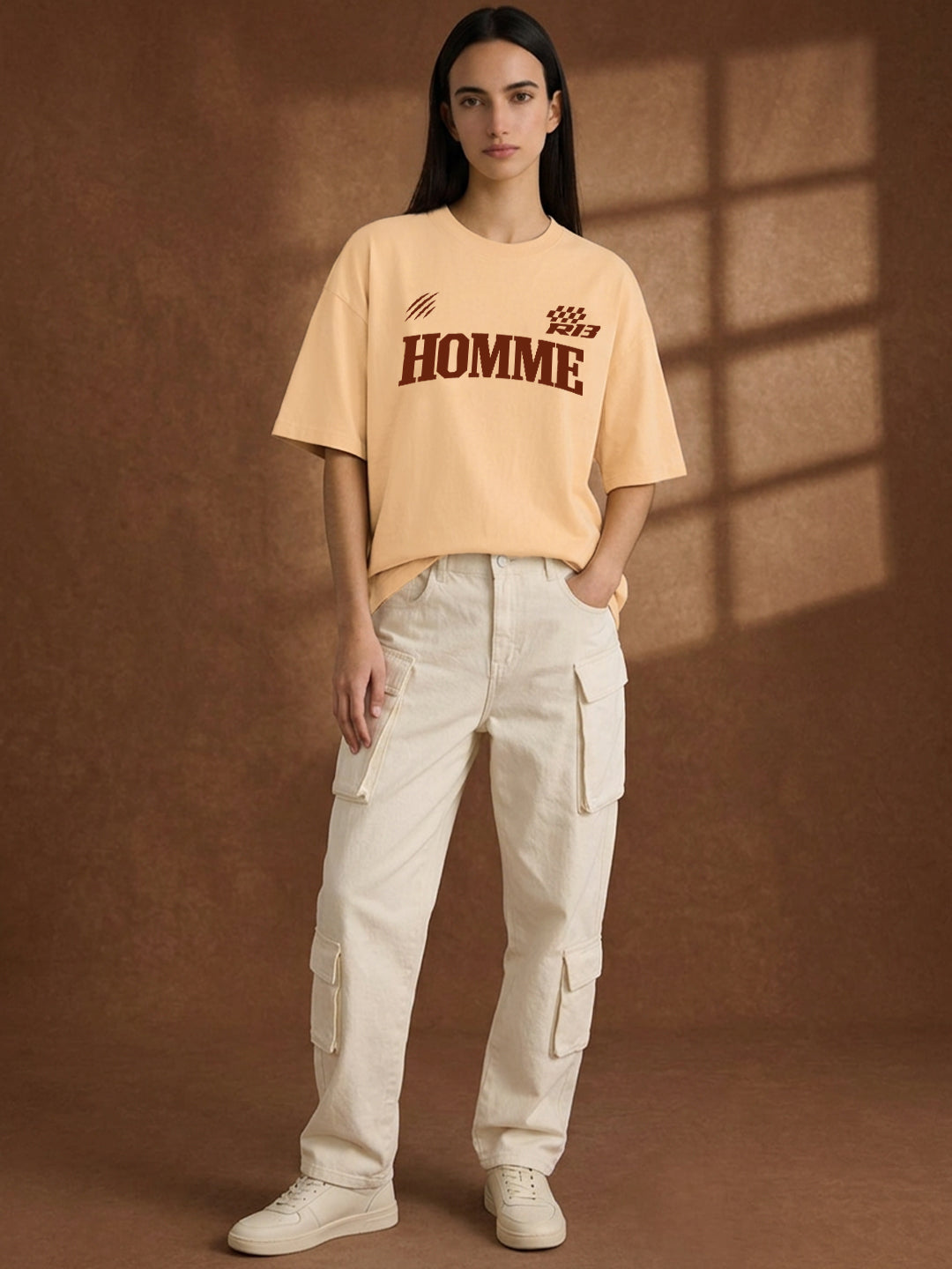 Leotude Women "Homme Motors" Beige Oversized T-Shirt