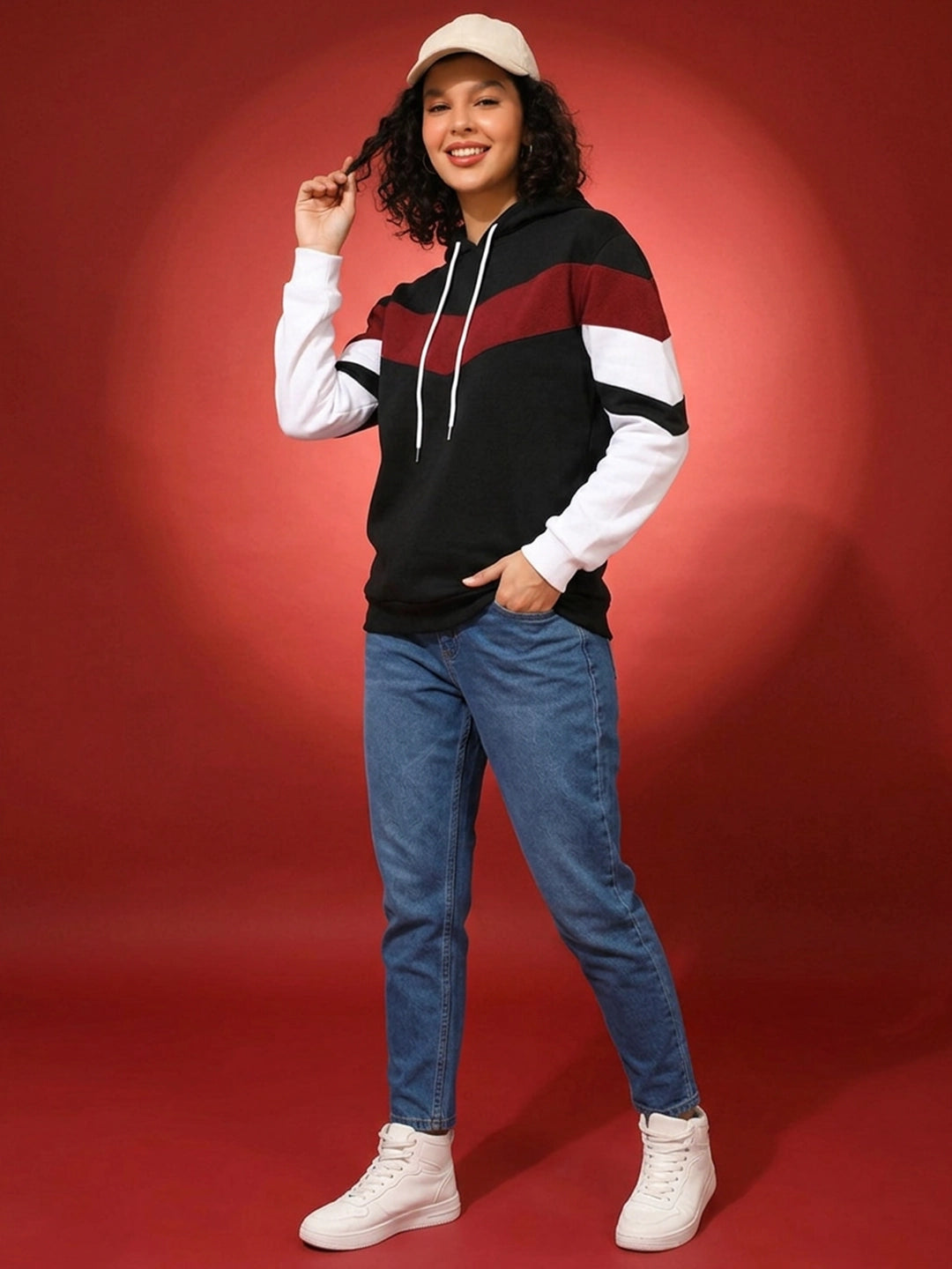 Leotude Women's Black, Maroon & White Colourblocked Hooded Sweatshirt