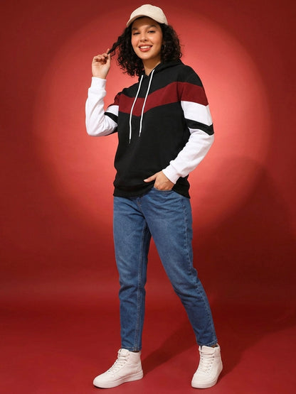 Leotude Women's Black, Maroon & White Colourblocked Hooded Sweatshirt