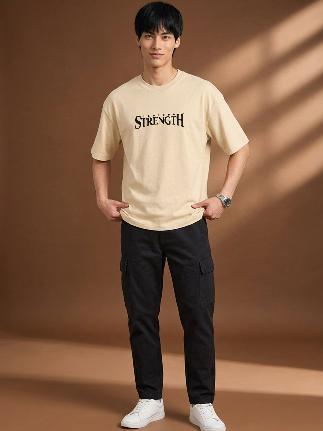 Leotude Men "Limitless Strength" Beige Oversized T-Shirt