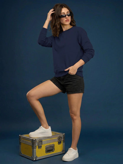 Leotude Women's Solid Navy Blue Round Neck Sweatshirt