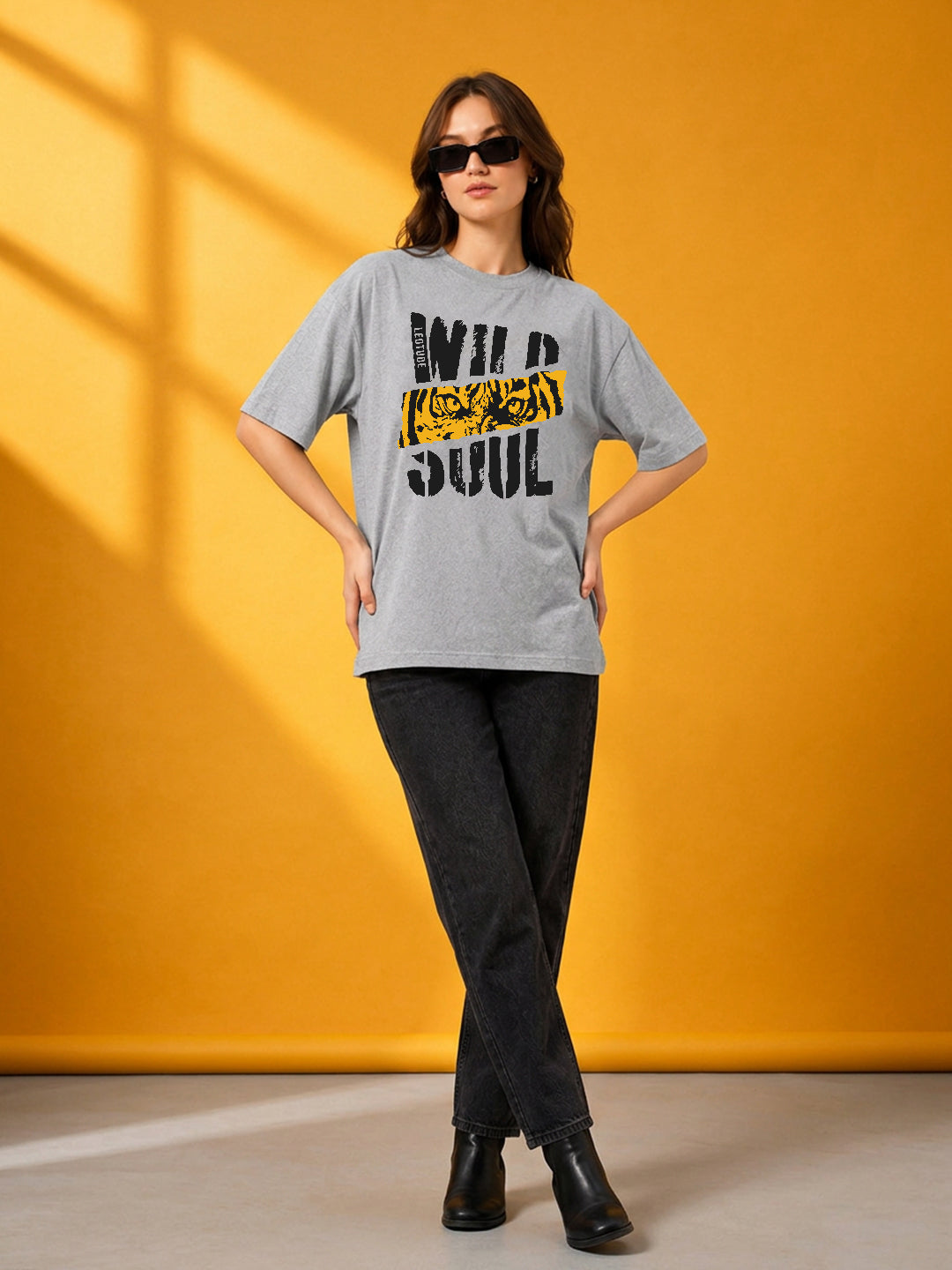 Leotude Grey Wild Soul Printed Oversized Tshirt for Women