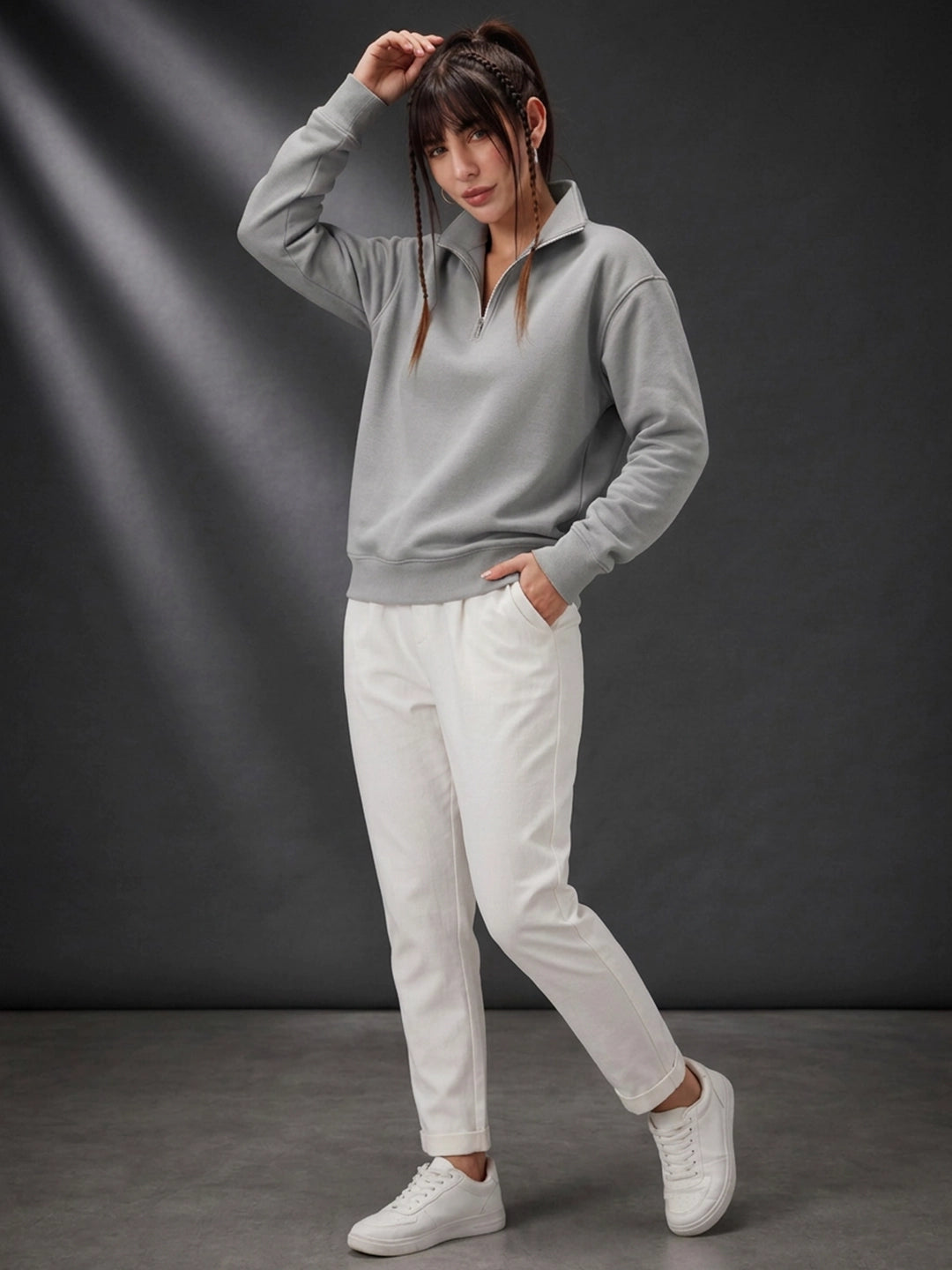 Leotude Women's Solid Grey Half-Zip High Neck Sweatshirt