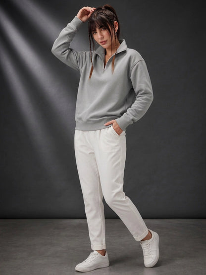 Leotude Women's Solid Grey Half-Zip High Neck Sweatshirt