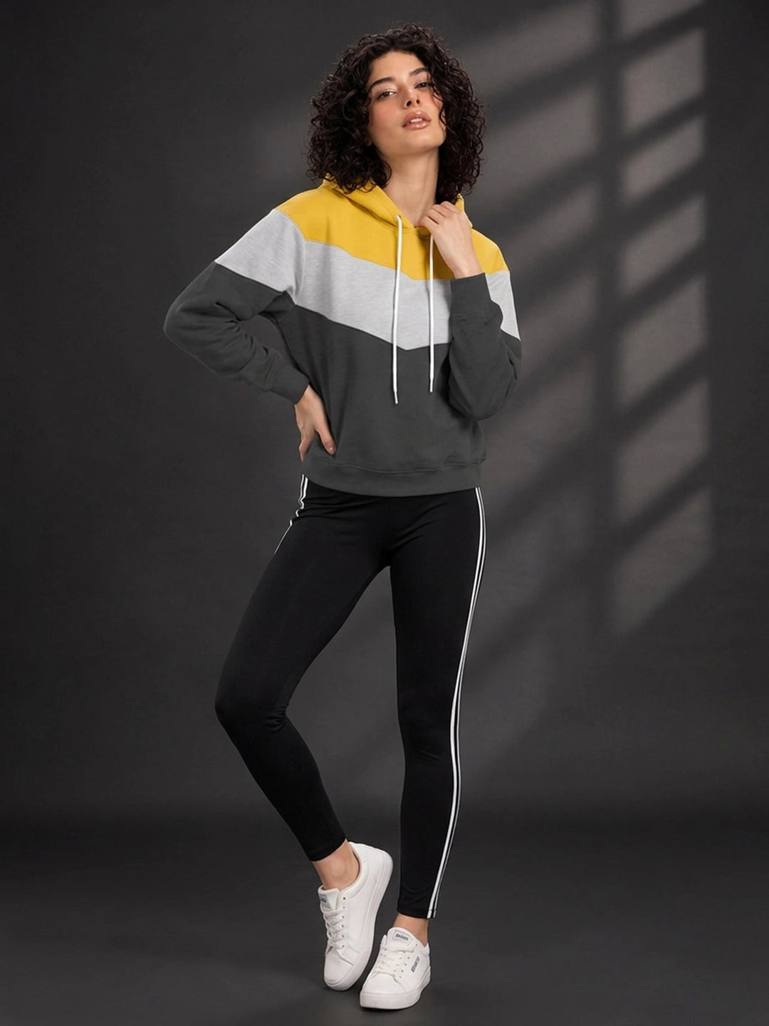 Leotude Women's Yellow, Grey & Anthracite Colourblocked Hooded Sweatshirt