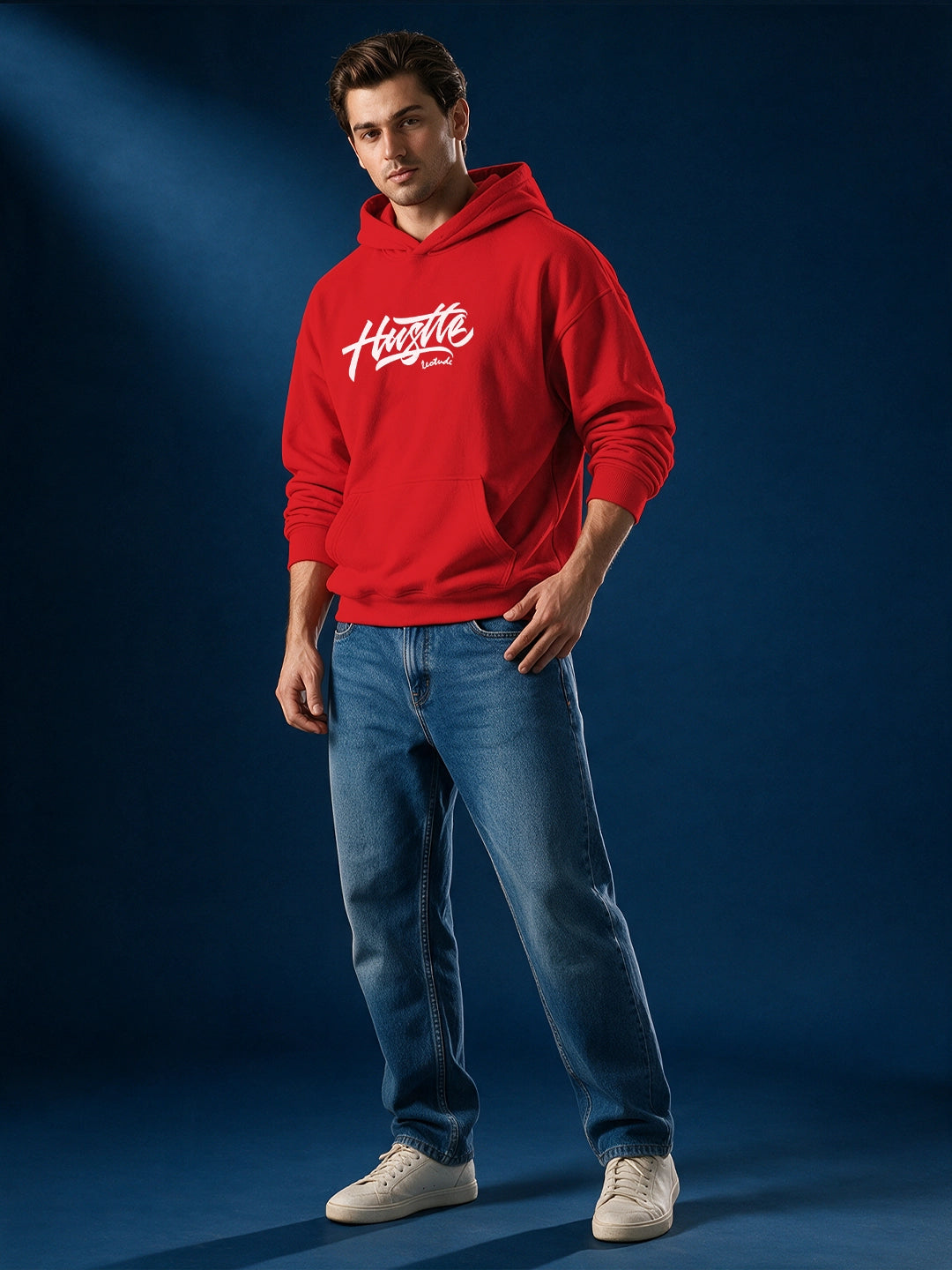 Leotude Red Hustle Typography Printed Hooded Sweatshirt for Men