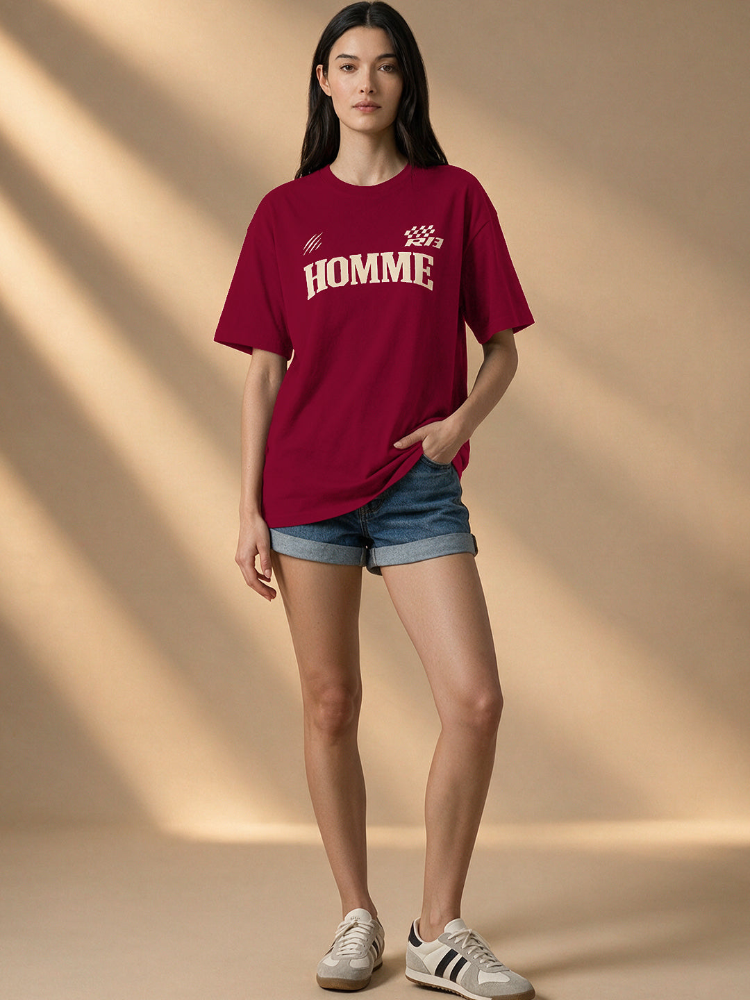 Leotude Women "Homme Motors" Maroon Oversized T-Shirt
