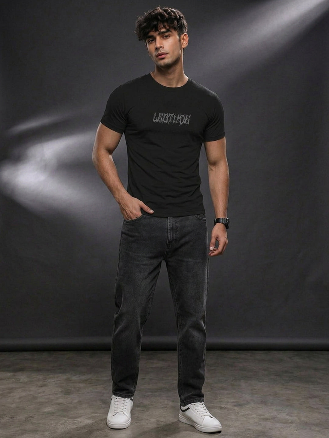 Leotude Black Gothic Wings Printed Regular Fit Tshirt for Men