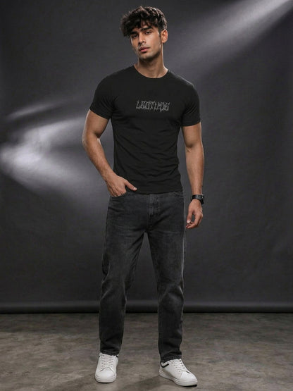 Leotude Black Gothic Wings Printed Regular Fit Tshirt for Men