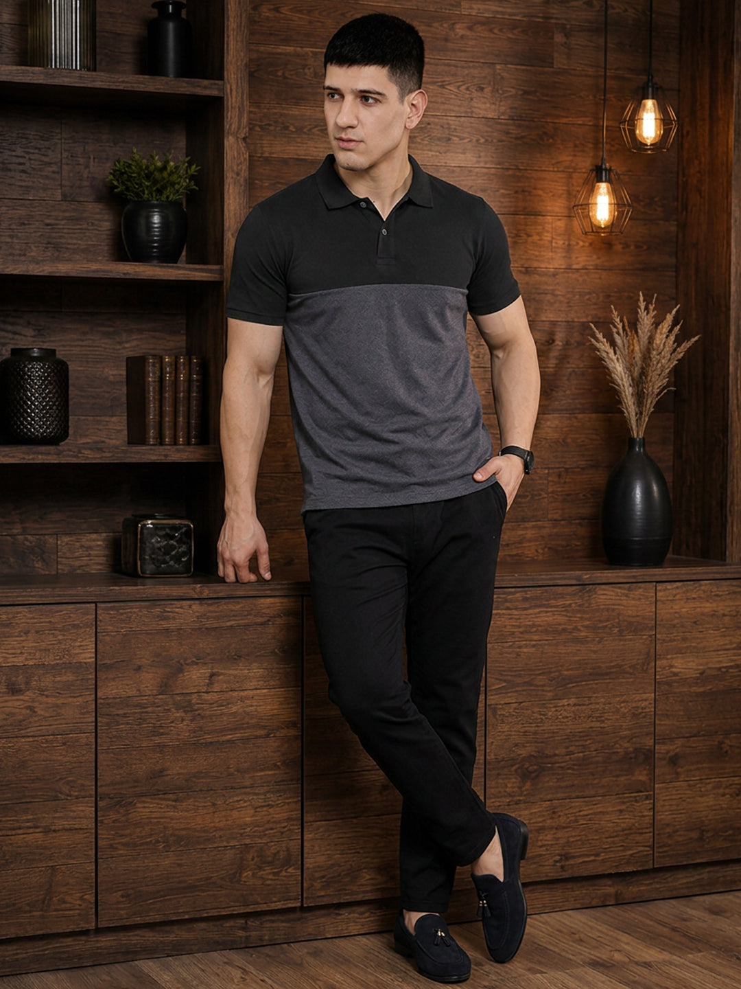 Leotude Men's Black Grey Anthara Polo T-Shirt