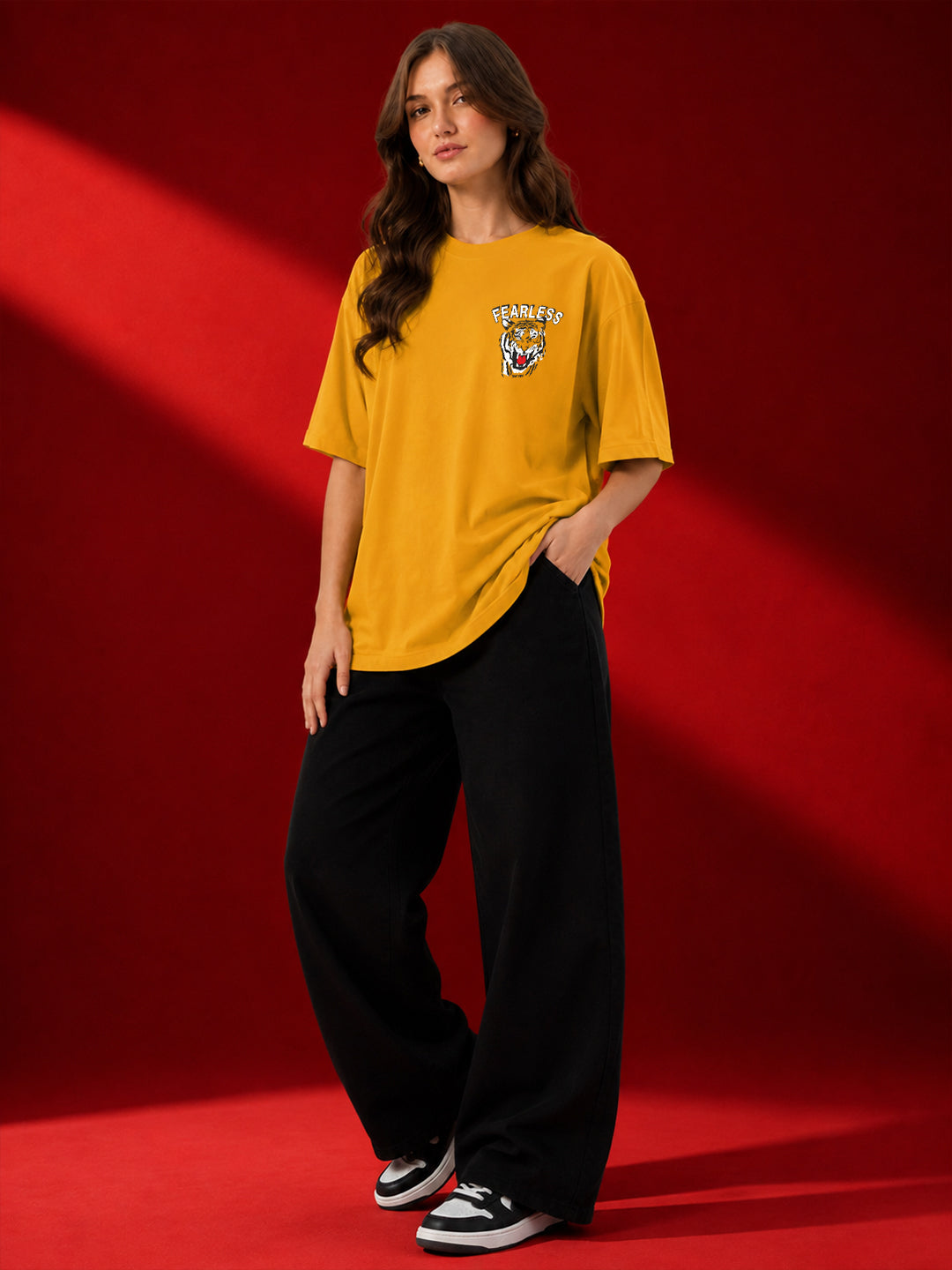 Leotude Mustard Fearless Printed Oversized Tshirt for Women