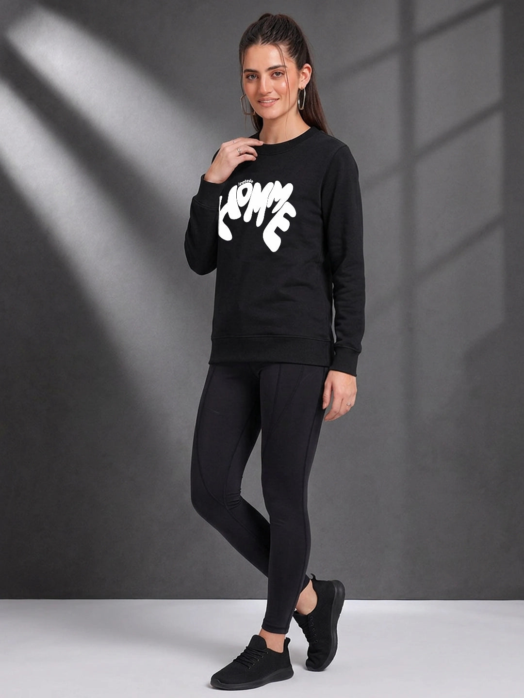 Leotude Women's Black Homme Printed Full Sleeve T-Shirt