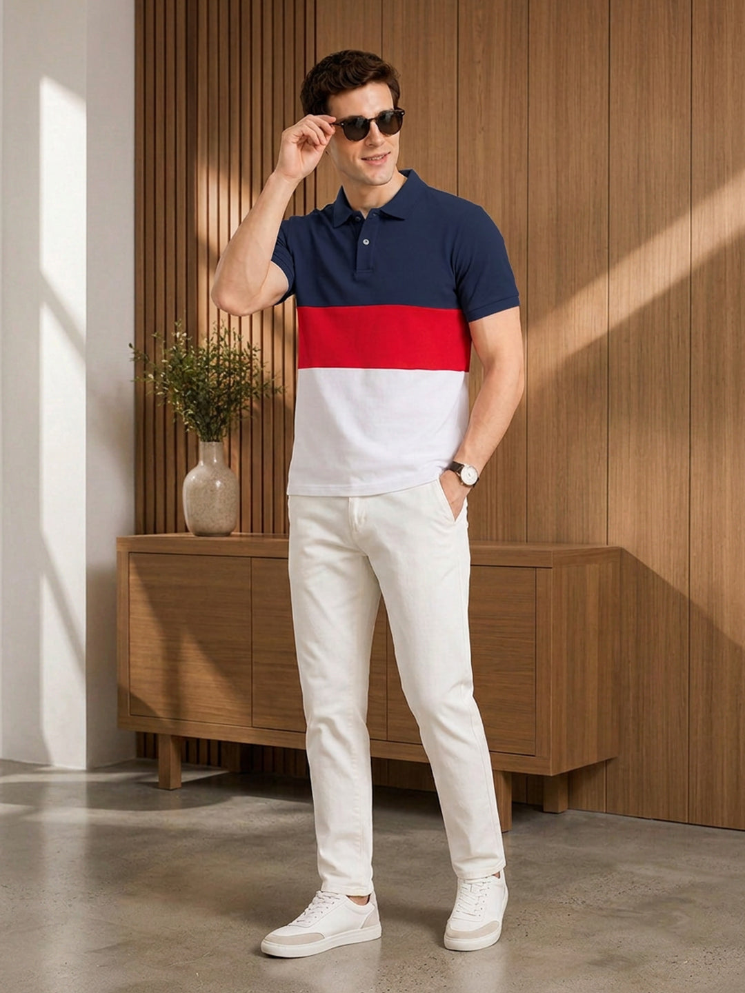 Leotude Men's Navy Red White Colour Block Polo T-Shirt