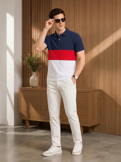 Leotude Men's Navy Red White Colour Block Polo T-Shirt